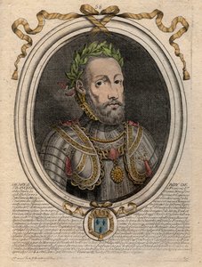 फ्रांस के राजा हेनरी II (1519-1559) का पोर्ट्रेट - हेनरी II (1519-59), फ्रांस का राजा - 'लेस ऑगस्टेस रिप्रेजेंटेशन्स डे टौस लेस किंग्स डी फ्रांस फ्रॉम फ्रामोंड टू लुइसXIV', पेरिस से उत्कीर्णन द्वारा डे लार्मेसिन