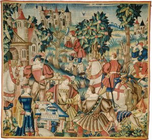 शिकार से वापसी द्वारा डिजाइन और कार्टून फ्लेमिश 16वीं शताब्दी, शायद टूर्नेई; एक अनिर्धारित कार्यशाला में टुर्नाई में बुना गया
