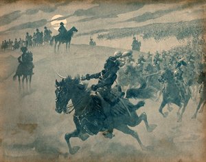 नेपोलियन प्रथम बोनापार्ट (1769-1821) से पहले अपनी घुड़सवार सेना के साथ गुजरते हुए जोआचिम मूरत (1767-1815) का रूपक। जैक्स मैरी गैस्टन ओनफ्रे डी ब्रेविल द्वारा उत्कीर्णन डिट जॉब (1858-1931) द्वारा Onfray de Breville जाक जॉब के लिए छद्म नाम