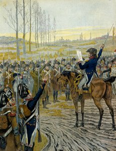ऑस्ट्रिया का अभियान (1805): 2 दिसंबर 1805 को ऑस्टरलिट्ज़ की लड़ाई से पहले सैनिकों के लिए सम्राट नेपोलियन I बोनापार्ट (1769-1821) की घोषणा। जॉर्जेस मोंटोरग्यूइल द्वारा "" नेपोलियन" में। जैक्स मैरी गैस्टन ओनफ़्रे डे ब्रेविल डिट जॉब द्वारा चित् द्वारा Onfray de Breville जाक जॉब के लिए छद्म नाम