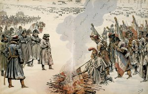 रूस का अभियान (1812): रूस के पीछे हटने के दौरान, नेपोलियन I बोनापार्ट (1769-1821) ने दुश्मन को उन पर कब्जा करने से रोकने के लिए झंडे और चील को जलाने का आदेश दिया। जॉर्जेस मोंटोरग्यूइल द्वारा "" नेपोलियन "" में। जैक्स मैरी गैस्टन ओनफ्रे 