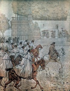 1813 में जर्मन अभियान: नेपोलियन प्रथम बोनापार्ट (1769-1821) और उनके जनरल स्टाफ (स्टाफ) 26 और 27 अगस्त को युद्ध जीतकर ड्रेसडेन लौट आए। जॉर्जेस मोंटोरग्यूइल द्वारा "" नेपोलियन "" में। जैक्स मैरी गैस्टन ओनफ्रे डी ब्रेविल डिट जे द्वारा चित् द्वारा Onfray de Breville जाक जॉब के लिए छद्म नाम