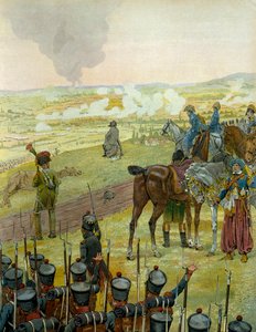 1813 में जर्मन अभियान: नेपोलियन आई बोनापार्ट (1769-1821) 20 और 21 मई 1813 को बॉटज़ेन की लड़ाई के दौरान अपनी युद्ध रणनीति के लिए एक ड्रम रिफ्लेची पर बैठे। जॉर्जेस मोंटोरगुइल द्वारा "नेपोलियन" में। जैक्स मैरी गैस्टन ओनफ्रे डी ब्रेविल द्वारा चित्रण द्वारा Onfray de Breville जाक जॉब के लिए छद्म नाम