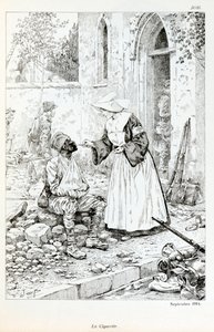 पुस्तक "ला ग्रांडे गुएरे पार लेस आर्टिस्ट्स" ":" "ला सिगरेट सेप्टेम्ब्रे 1914" "" जैक्स मैरी गैस्टन ओनफ्रे डी ब्रेविल द्वारा एक घायल सैनिक को सिगरेट देते हुए धार्मिक द्वारा चित्रण जॉब (1858-1931), कलेक्शन पार्टियल द्वारा Onfray de Breville जाक जॉब के लिए छद्म नाम
