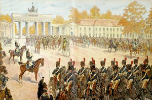 27 अक्टूबर 1806 को नेपोलियन प्रथम बोनापार्ट (1769-1821) और उनकी सेना ने बर्लिन में प्रवेश किया। जॉर्जेस मोंटोरगुइल द्वारा "" नेपोलियन "" में। जैक्स मैरी गैस्टन ओनफ्रे डी ब्रेविल द्वारा इलस्ट्रेशन डिट जॉब (1858-1931) द्वारा Onfray de Breville जाक जॉब के लिए छद्म नाम
