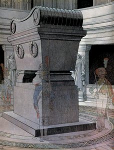 सम्राट नेपोलियन I बोनापार्ट (1769-1821) का मकबरा इनवैलिड्स पर घोस्ट गार्ड्स के साथ। जॉर्जेस मोंटोरगुइल द्वारा "" नेपोलियन "" में जैक्स मैरी गैस्टन ओनफ्रे डी ब्रेविल द्वारा इलस्ट्रेशन डिट जॉब (1858-1931) द्वारा Onfray de Breville जाक जॉब के लिए छद्म नाम