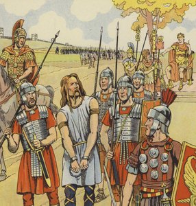 Vercingetorix ने जूलियस सीज़र को आत्मसमर्पण किया, 52 ई.पू. (कलर लिथो) द्वारा Onfray de Breville जाक जॉब के लिए छद्म नाम