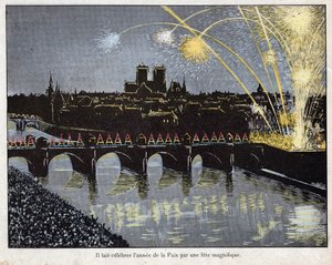 fete de la Paix le 18 brumaire an X (9/11/1801) - नेपोलियन ने शांति के वर्ष का जश्न मनाने के लिए एक शानदार उत्सव का आयोजन किया, 9 नवंबर 1801 - "" ले ग्रैंड नेपोलियन डेस पेटिट्स से जॉब (जैक्स ओनफ्रॉय डी ब्रेविल) द्वारा लिथोग्राफ Enfants ”” ”1893 द्वारा Onfray de Breville जाक जॉब के लिए छद्म नाम