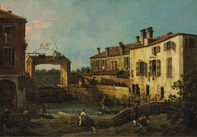 L'ecluse de Dolo - The Lock at Dolo, Canaletto (1697-1768) द्वारा। कैनवास पर तेल, सी. 1763. आयाम: 30,5x44,5 सेमी। ज़ेपमुवेस्ज़ेती मुज़ेम, बुडापेस्टो द्वारा कानालेत्तो