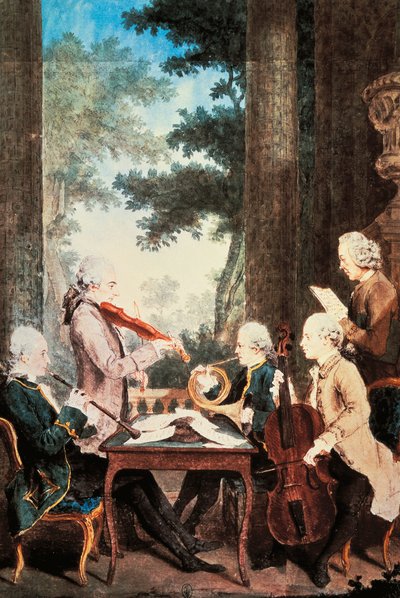 लुई डी कारमोंटेल (1717-1806), वॉटरकलर द्वारा ओबो, वायलिन, हॉर्न और सेलो के साथ संगीत कार्यक्रम। फ्रांस द्वारा कारमोंटेल