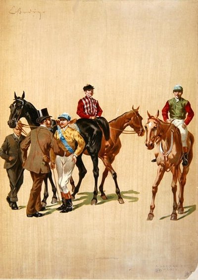 रेसकोर्स पर जॉकी, c.1875 (कलर लिथो) द्वारा (बाद में) फ्रेंच स्कूल