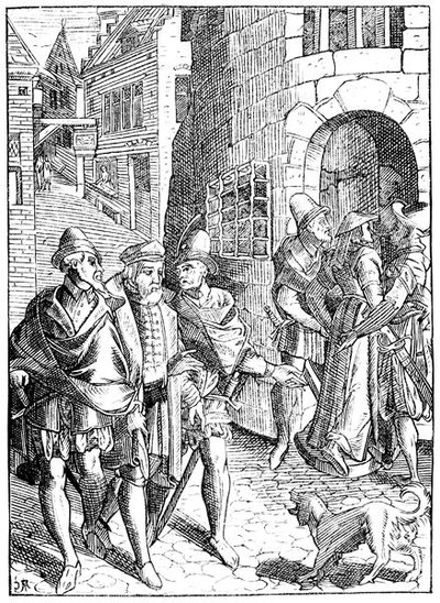 प्रोवोस्ट की जेल, रुए डे ला टैनेरी, पेरिस, जोस डी डमहौडर (1507-81) द्वारा प्रकाशित 'प्रैक्सिस रेरम सिविलियम' में एक लकड़बग्घा के बाद एंटवर्प प्रकाशित द्वारा (बाद में) फ्रेंच स्कूल