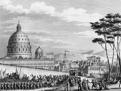 फ्रांसीसी क्रांति: फरवरी 1798 में इटली में रोम में फ्रांसीसियों का विजयी प्रवेश, जनरल लुई अलेक्जेंड्रे (लुई-अलेक्जेंड्रे) बर्थियर के नेतृत्व में, जिन्होंने पोंटिफिकल राज्यों पर आक्रमण किया और 11 फरवरी को रोम शहर पर कब्जा कर लिया। द्वारा (बाद) गिरधारी