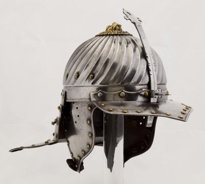 Zischägge, c.1620-25 (स्टील, लोहा, पीतल और चमड़ा) द्वारा (attr.to) जर्मन स्कूल
