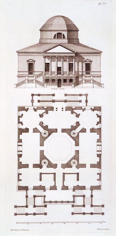 चिसविक हाउस की योजना और ऊंचाई, हेरिसेट द्वारा बनाया गया प्रिंट, c.1720s द्वारा 3 अर्ल ऑफ बर्लिंगटन