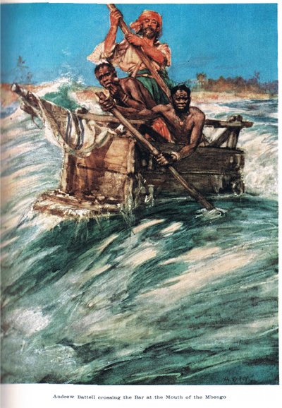 1921 में जैक द्वारा प्रकाशित &39;द लैंड ऑफ़ द गोल्डन ट्रेड&39; के चित्रण, बटेंगू के मुख पर बैटल आता है द्वारा ई। मैकक्लिंटॉक