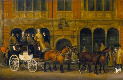 न्यू व्हाइट हॉर्स सेलर के बाहर जेम्स सेल्बी का ब्राइटन कोच, पिकाडिली, c1888। द्वारा बिशप के रूप में