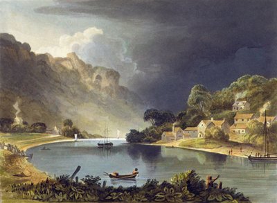 न्यू वियर में नदी को नीचे देखें, थियोडोर हेनरी फील्डिंग (1781-1851), 1818 (हाथ से रंगा हुआ एक्वाटिंट) द्वारा उकेरी गई &39;नदी का वर्णन&39; से प्लेट 13 द्वारा एवी कोपले फील्डिंग