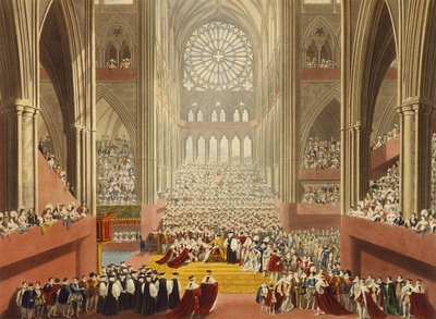 विलियम जेम्स बेनेट (1787-1844) द्वारा उत्कीर्ण किंग जॉर्ज चतुर्थ (1762-1830) के राज्याभिषेक का जश्न मनाने वाले एक एल्बम से 19 जुलाई 1821 को होमेज का समारोह द्वारा एडब्ल्यू और स्टेफानॉफ पुगिन