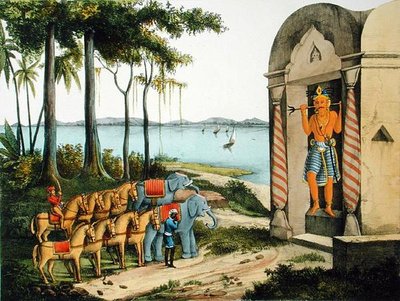 चार्ल्स एटिने पियरे मोट्टे (1785-1836) द्वारा उकेरी गई 'ल'इंडे फ़्रैन्काइज़' से हरिहरपुत्र, एमई बर्नौफ़ द्वारा, 1827-35 प्रकाशित (रंग लिथो) द्वारा ए (बाद में) कम