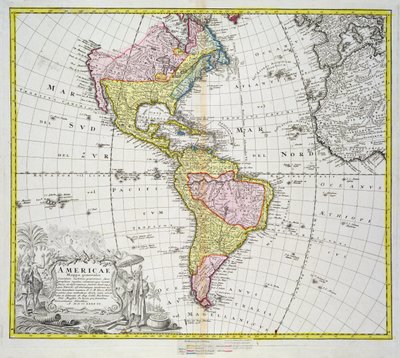 होमन द्वारा प्रकाशित अमेरिका का मानचित्र, 1746 (रंग उत्कीर्णन) द्वारा ए। गोटलिब बोहम