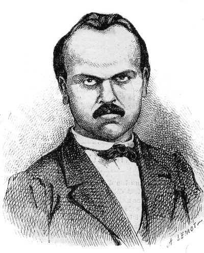 लुई नोयर का पोर्ट्रेट (1837-1901) फ्रांसीसी लेखक - 1870 के लेमोट द्वारा उत्कीर्णन द्वारा एक नींबू पानी