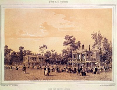 ए प्रोवोस्ट (1834-1855 के आसपास सक्रिय) पेरिस, मुसी कार्नावलेट की पेरिस लिथोग्राफी में चैंप्स एलिसीज़ पर कैफे डेस एम्बेसेडर्स का दृश्य द्वारा एक प्रोवोस्ट