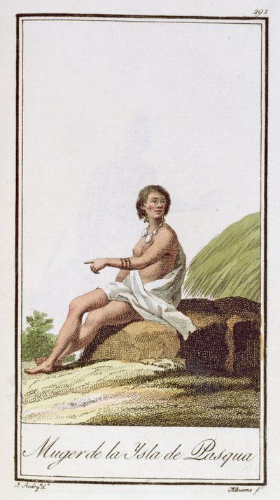 एक महिला ईस्टर द्वीप से, 1799 में अल्बुर्न द्वारा उकेरी गई द्वारा उ। रोड्रिगेज