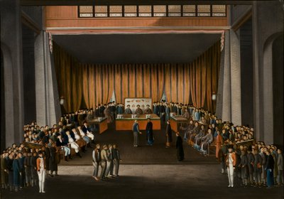 कैंटन में ब्रिटिश फैक्ट्री के हॉल में चीनी कोर्ट ऑफ जस्टिस, 9 अप्रैल 1807, c.1810 (कागज पर तेल) द्वारा A. रोलैंड नाइट