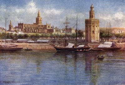 सेविले, द टोरे डेल ओरो और कैथेड्रल (रंग लिथो) द्वारा ए ट्रेवर हेडन
