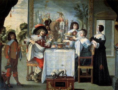पांच इंद्रियां, अज्ञात चित्रकार द्वारा स्वाद, अब्राहम बोस (1602-1676) द्वारा उत्कीर्णन की प्रतिलिपि, कैनवास पर तेल - "पांच इंद्रियां: स्वाद" एक सुंदर महान घर में खरबूजे, आर्टिचोक से बना एक परिष्कृत भोजन चखने का दृश्य। अब्राहम बोस द्वारा चित्रकारी द्वारा अब्राहम (बाद में) बोस
