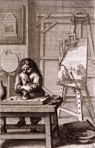 एक कलाकार की अपरेंटिस, &39;रिक्यूइल डी फिगर्स ...&39; से 1737 में एनग्रेविंग प्लेट की सफाई करती है द्वारा अब्राहम बोस