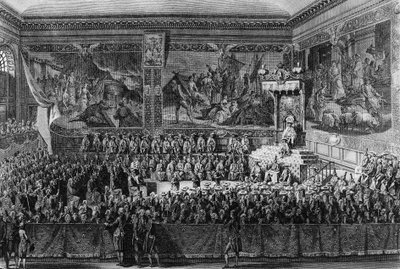 फ्रांसीसी क्रांति का पहला: फ्रांस के राजा लुई सोलहवें (1754-1793) द्वारा 6 अगस्त 1787 को वर्साय में आयोजित न्याय का बिस्तर। अब्राहम गिरारडेट द्वारा ड्राइंग और उत्कीर्णन। पेरिस, क्रांति के इतिहास संस्थान का पुस्तकालय द्वारा अब्राहम गिरधारी