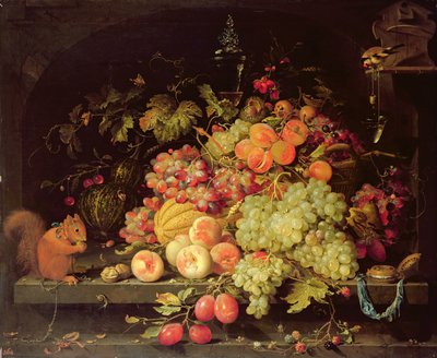 फिर भी फलों, गिलहरी और गोल्डफिंच के साथ जीवन द्वारा Abraham Mignon