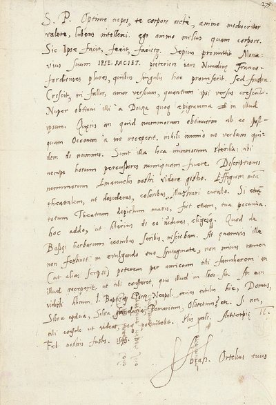 उनके भतीजे, जैकब कूल (जैकबस कोलियस), एंटवर्प, 2 फरवरी 1595 (कागज पर कलम और स्याही) पर हस्ताक्षर किए गए ऑटोग्राफ पत्र द्वारा अब्राहम ऑर्टेलियस