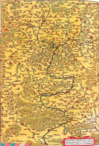फ़्रांसिया ओरिएंटलिस (वल्गो/फ़्रेंकेनलांट) डिस्क्रिप्टियो, ऑक्टोर, सेबस्ट। ए। जर्मनी में फ्रैंकोनिया के क्षेत्र का रोटेनहान भूगोल का नक्शा फ्रैंकफर्ट शहर (कर्लस्टेड शहर भी ..) के साथ अब्राहम ऑर्टेलियस (ओर द्वारा "थियेट्रम ऑर्बिस टेरारम" से लिया ग द्वारा अब्राहम ऑर्टेलियस