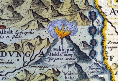 आइसलैंड में हेक्ला ज्वालामुखी। एटलस ऑफ अब्राहम ऑर्टेलियस, एम्स्टर्डम 1588। द्वारा अब्राहम ऑर्टेलियस