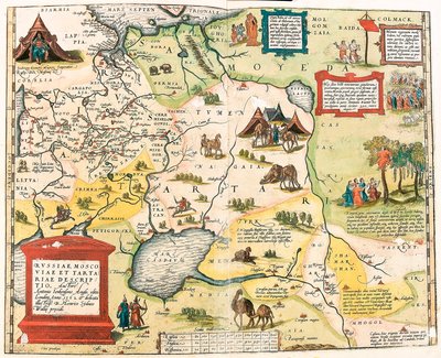 रूस, मास्को और टार्टरी। एंटोनियो जेनकेन्सोनो एंग्लो द्वारा, 1562 में लंदन में प्रकाशित "थियेट्रम ऑर्बिस टेरारम" से रूस के क्षेत्र का भूगोल मानचित्र द्वारा अब्राहम ऑर्टेलियस (ओर्टेल, ऑर्टेल या ऑर्टेल) द्वारा अब्राहम ऑर्टेलियस