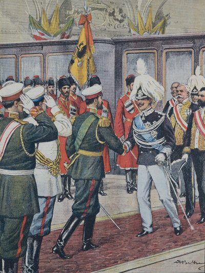 बेलट्राम, अकिलीज़ (1871-1945)। विक्टर इमैनुएल III (1869-1947)। इटली के राजा (1900-1946)।; निकोलस द्वितीय। रूस के ज़ार (1894-1917)। रूस। ज़ार पीटरहॉफ़ में इटली के राजा विक्टोरियो इमानुएल III को प्राप्त करता है। ए. Beltrame चित्रण। ला डोमिनिका डेल क्यू द्वारा अचिल बेल्ट्रैम