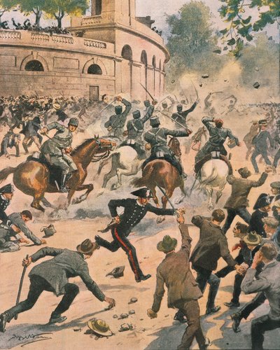 मिलान में आम हड़ताल के दौरान एरिना के सामने संघर्ष, जून 1914 में ला डोमेनिका डेल कोरिएरे से अकिल बेल्ट्राम का चित्रण द्वारा अचिल बेल्ट्रैम