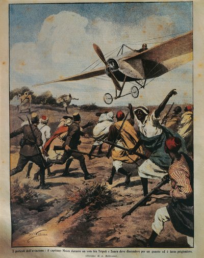 22 सितंबर 1912 को ला डोमेनिका डेल कोरिएरे से अकिले बेल्ट्राम (1871-1945) द्वारा कैप्टन मोइज़ो के अफ्रीकी अभियान के दौरान क्रैश लैंडिंग का प्रयास करने का कवर चित्रण द्वारा अचिल बेल्ट्रैम