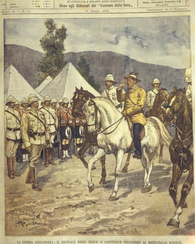 1850-1902 के एंग्लो-ज़ुलु और एंग्लो-बोअर युद्धों के दौरान मार्शल रॉबर्ट्स के आत्मसमर्पण करने वाले जनरल क्रोन्ये का कवर चित्रण द्वारा अचिल बेल्ट्रैम