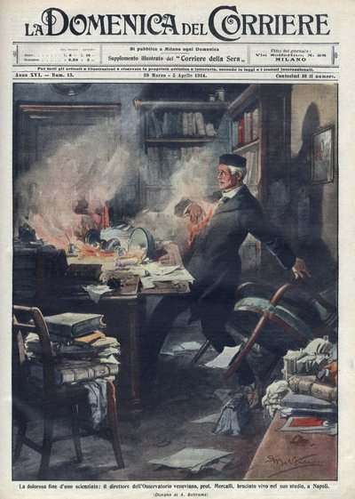 नेपल्स में अपनी प्रयोगशाला में ग्यूसेप मर्कल्ली (1850 -1914), इतालवी भूकंपविज्ञानी और ज्वालामुखी विज्ञानी द्वारा मृत्यु हो गई। "" ला डोमेनिका डेल कोरिएरे "" के लिए एचीले बेल्ट्राम द्वारा चित्रण। १९१४. द्वारा अचिल बेल्ट्रैम
