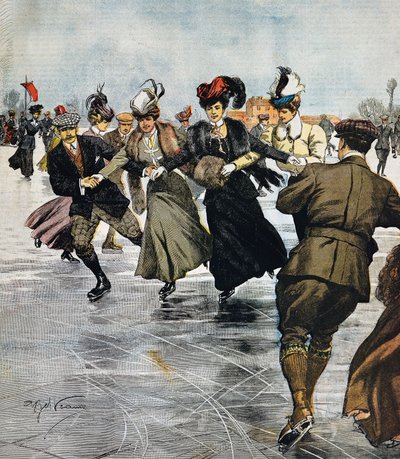 एन वोग पास्टाइम्स, आइस स्केटिंग, अकिले बेल्ट्राम द्वारा चित्रण (1871-1945), ला डोमेनिका डेल कोरिएरे से, 27 जनवरी द्वारा अचिल बेल्ट्रैम