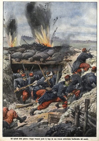 1914 के युद्ध की कड़ी: खाइयों में फ्रांसीसी सैनिकों पर दुश्मनों द्वारा बमबारी की जाती है। "ला डोमेनिका डेल कोरिएरे" द्वारा अचिल बेल्ट्रैम