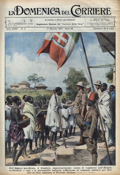 फासीवाद 1937: इथियोपियन साम्राज्य के व्यापारिक केंद्र गाम्बेला में स्वदेशी प्रमुखों और व्यक्तित्वों की बैठकें ताकि इतालवी सरकार में प्रवेश का कार्य किया जा सके। "" ला डोमेनिका डेल कोरिएरे "" में अकिल बेल्ट्राम का चित्रण 17/01/19 द्वारा अचिल बेल्ट्रैम