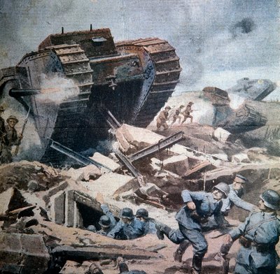 प्रथम विश्व युद्ध (1914-1918): "" पिकार्डी में अंग्रेजी टैंकों का आक्रमण"" ला डोमेनिका डेल कोरिएरे 1916 से एच्लीस बेल्ट्राम का चित्रण द्वारा अचिल बेल्ट्रैम