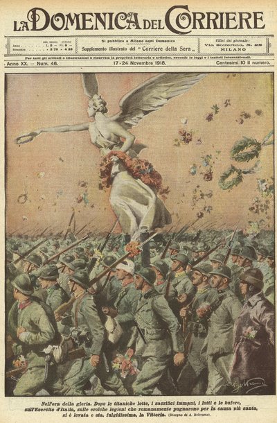 प्रथम विश्व युद्ध 1918 - युद्ध में इटली। विजय दिवस। महिमा के घंटे में। एक टाइटैनिक संघर्ष के बाद, अपार बलिदानों, मौतों, तूफानों, इटली की सेना, सबसे पवित्र के लिए लड़ने वाले वीर रोमन सैनिकों ने विक्ट को उठा लिया है द्वारा अचिल बेल्ट्रैम