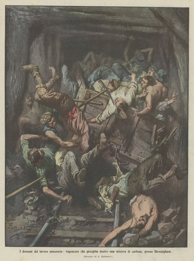 खनन कार्य के नाटक, एक बग्घी जो बर्मिंघम के पास एक कोयला खदान में जाती है द्वारा Achille Beltrame