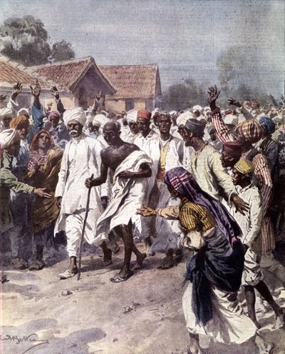 भारतीय राजनीतिक नेता और आध्यात्मिक मार्गदर्शक मोहनदास करमचंद गांधी (1869-1948) (महात्मा) ने अंग्रेजों से भारत की स्वतंत्रता प्राप्त करने के लिए 12/03/1930 को नमक मार्च शुरू किया। "ला डोमेनिका डेल कोरिएरे" से अकिल बेल्ट्राम का चित्रण 1930 द्वारा अचिल बेल्ट्रैम